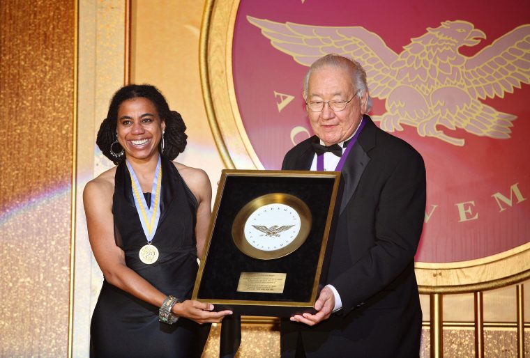 Suzan-Lori Parks receives the American Academy of Achievement's Golden Plate Award from N. Scott Momaday Courtesy of the Academy of Achievement